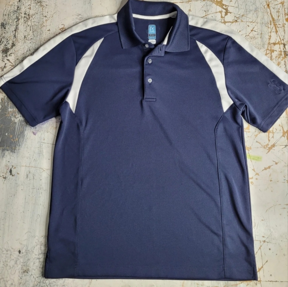 PGA Tour Golf Shirt Men's M Blue And White Short Sleeve Airflux Polo Shi…